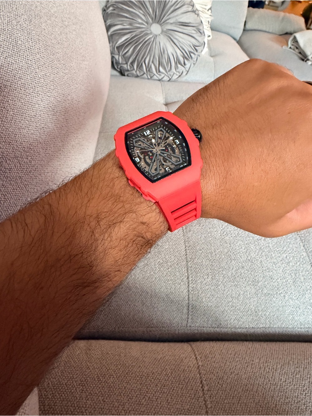 Bold Red Rubber Sports Watch with Skeleton Dial
